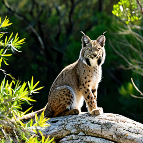 Home 14 A professional female conservation biologist, fully clothed in modest field attire, observes a majestic Iberian Lynx through binoculars in its vibrant, sun-dappled natural habitat. The lynx is healthy and alert, moving gracefully through dense Mediterranean forest with cork oaks and lush undergrowth, symbolizing successful reintroduction and a thriving ecosystem. The scene is captured with professional wildlife photography, featuring natural lighting, perfect anatomy, correct proportions, a natural pose, well-formed hands, proper finger count, and natural body proportions. This image is high-quality, realistic, and vibrant, ensuring it is safe for work, appropriate content, and family-friendly.