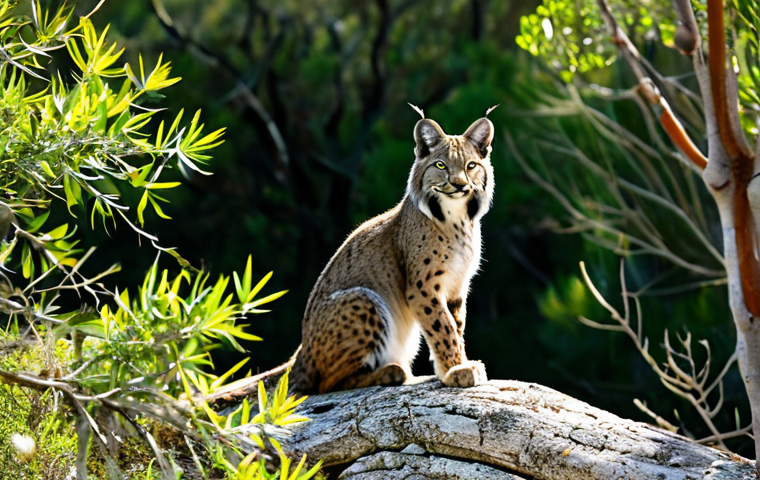 A professional female conservation biologist, fully clothed in modest field attire, observes a majestic Iberian Lynx through binoculars in its vibrant, sun-dappled natural habitat. The lynx is healthy and alert, moving gracefully through dense Mediterranean forest with cork oaks and lush undergrowth, symbolizing successful reintroduction and a thriving ecosystem. The scene is captured with professional wildlife photography, featuring natural lighting, perfect anatomy, correct proportions, a natural pose, well-formed hands, proper finger count, and natural body proportions. This image is high-quality, realistic, and vibrant, ensuring it is safe for work, appropriate content, and family-friendly.