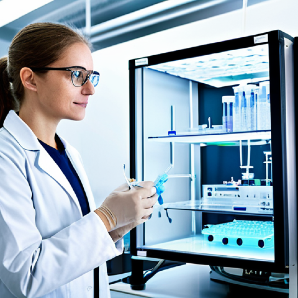 A professional scientist, fully clothed in a clean lab coat and safety glasses, standing in a brightly lit, modern biotechnology laboratory. They are meticulously observing a high-precision 3D bioprinter actively creating an intricate biological tissue structure on its platform. The background features blurred, advanced lab equipment and digital monitors displaying scientific data. Professional photography, high detail, scientific, professional dress, appropriate attire, natural pose, perfect anatomy, correct proportions, well-formed hands, proper finger count, safe for work, appropriate content, family-friendly.