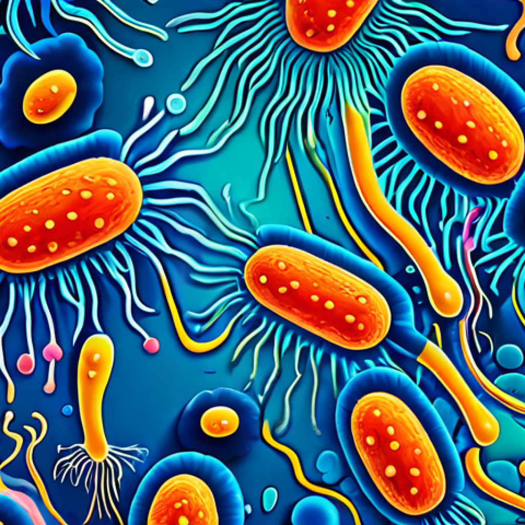 병원성 미생물 연구 - Bacterial Invasion**

"A close-up, vibrant illustration depicting bacteria (various shapes and color...