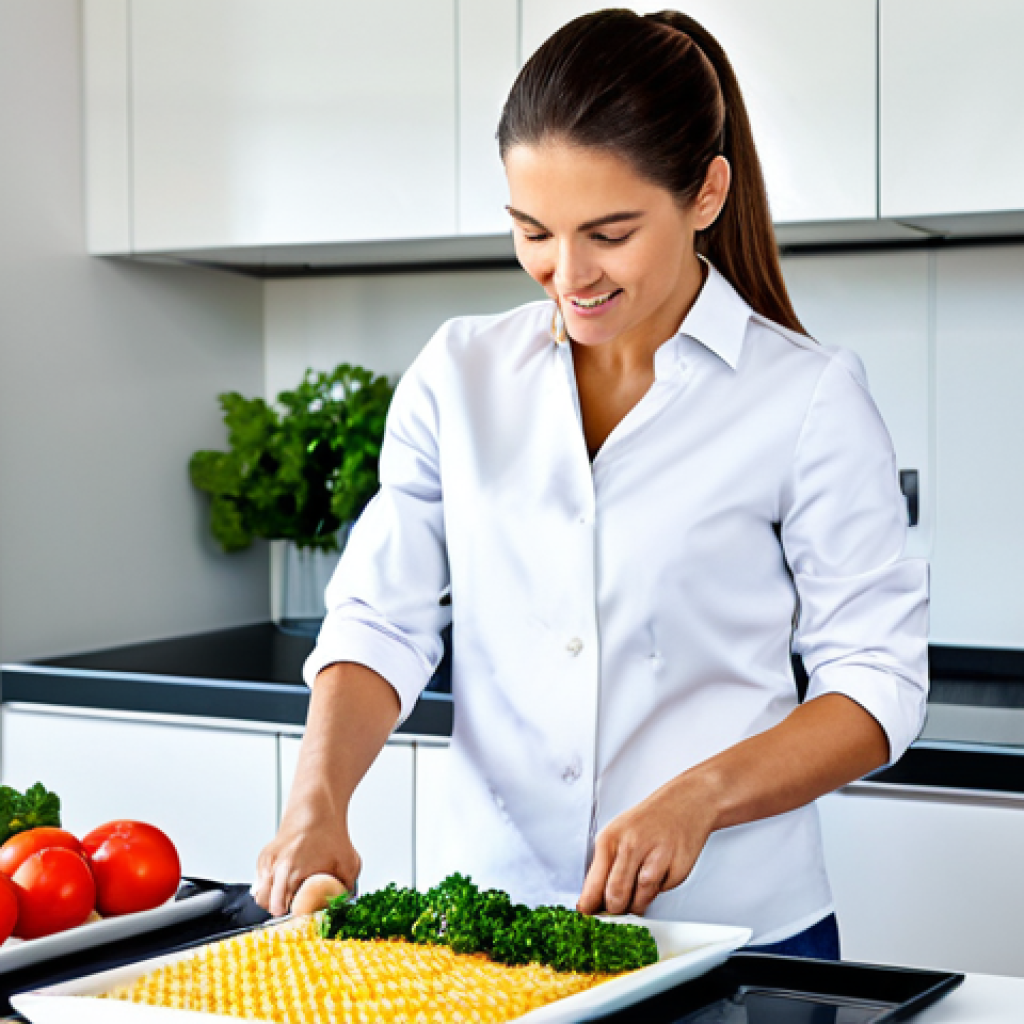 암 발생 기전 - "Professional nutritionist in a bright, modern kitchen, demonstrating healthy meal preparation, full...