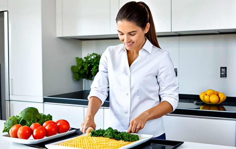 암 발생 기전 - "Professional nutritionist in a bright, modern kitchen, demonstrating healthy meal preparation, full...