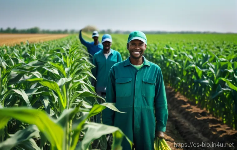 유전자변형작물 GMO  안전성 - **Prompt:** A vibrant, sun-drenched agricultural field stretches to the horizon, filled with robust,...