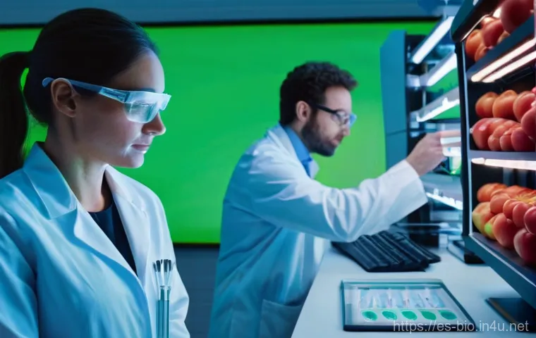 유전자변형작물 GMO  안전성 - **Prompt:** A vibrant, sun-drenched agricultural field stretches to the horizon, filled with robust,...