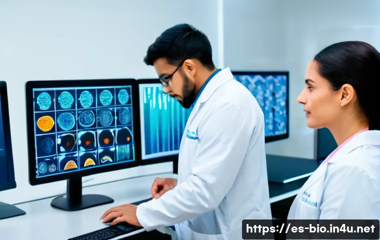 맞춤형 유전체 의학 - A modern medical laboratory scene focused on genomic analysis: a diverse group of Hispanic medical p...