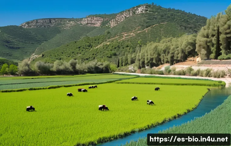 생태계 서비스 개념 - A vibrant rural landscape in Spain during spring, showing a diverse ecosystem with lush green forest...