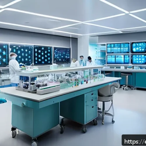 Home 30 생명윤리와 유전자 조작 - A futuristic medical laboratory scene showcasing a diverse team of Hispanic scientists and doctors w...