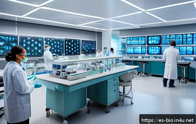 생명윤리와 유전자 조작 - A futuristic medical laboratory scene showcasing a diverse team of Hispanic scientists and doctors w...