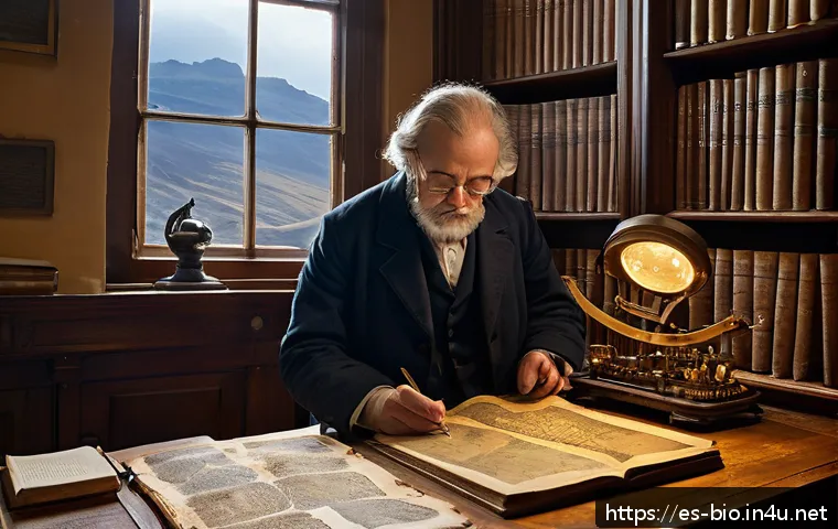 라마르크와 진화 - A detailed 18th-century naturalist’s study room filled with antique scientific instruments, geologic...