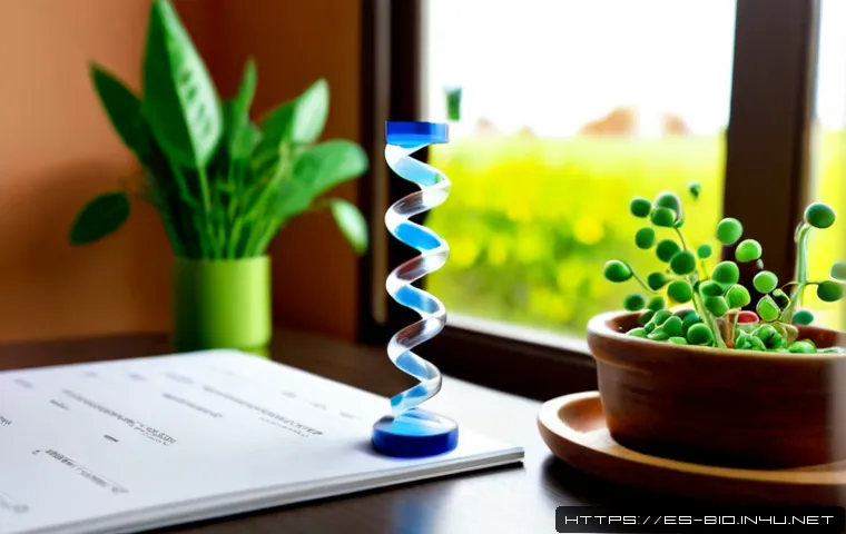 Home 17 유전학 기본 개념 - Photorealistic educational still life illustrating basic genetics: a transparent glass DNA double he...