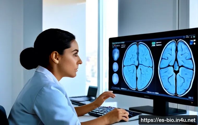 Home 17 신경과학과 정신 건강 - Photorealistic Hispanic female neuroscientist in a modern Madrid research clinic, calmly studying a ...